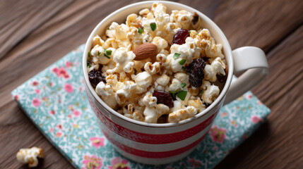 Overhead shot of colorful popcorn mix in a vintage popcorn bucket on patterned napkin 