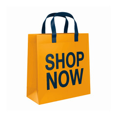 Bright yellow shopping bag with 'Shop Now' call to action text on a white background