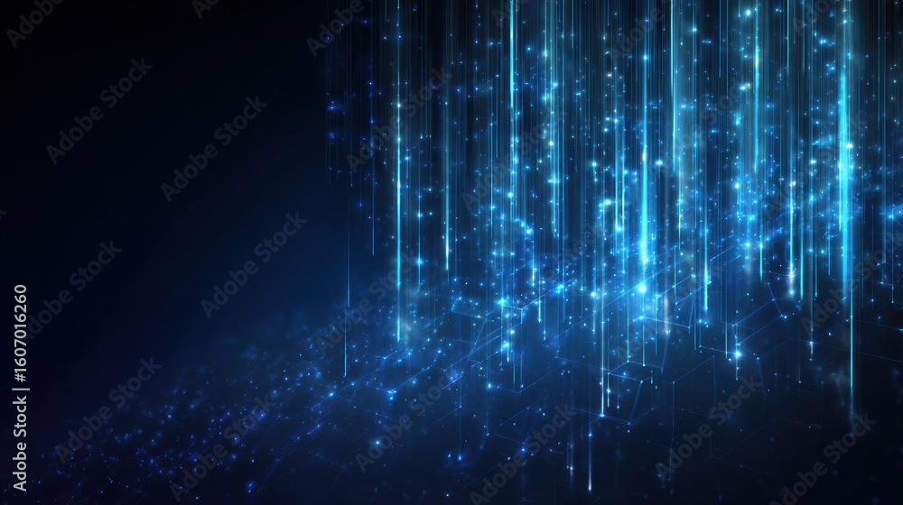 Poster a mesmerizing array of blue light beams creating a digital atmosphere, perfect for technology-themed