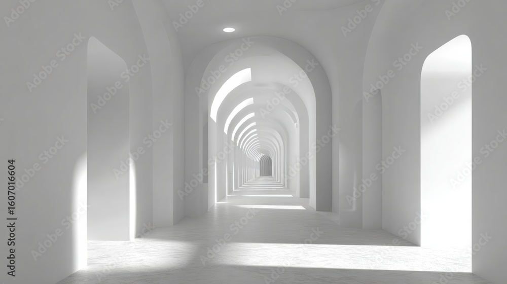 Poster a minimalist corridor featuring archways with soft lighting, creating a serene and open space.