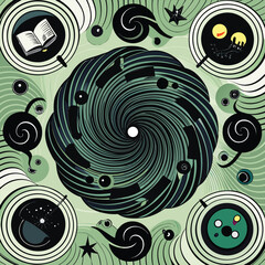 Fototapeta premium Artistic expression of knowledge stars and circular forms in and green tones creative graphic design showcasing learning and understanding