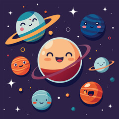 Naklejka premium Adorable solar system cartoon with smiling planets and colorful rings amidst twinkling stars on a dark background graphic