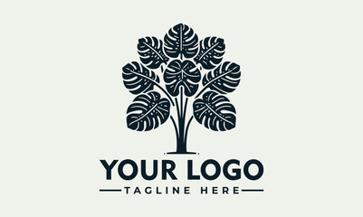 Fototapeta premium A stylized logo design featuring a dark-colored plant with large leaves, and text.