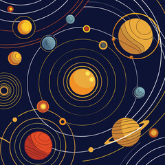Artistic solar system depiction featuring cartoon planets and circular orbits on a dark blue background universe concept