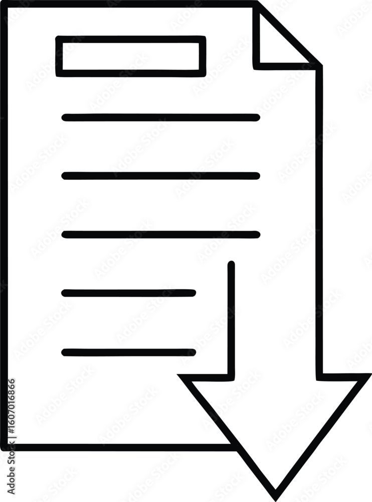 Poster clean line art icon of a document with a downward arrow isolated on transparent background
