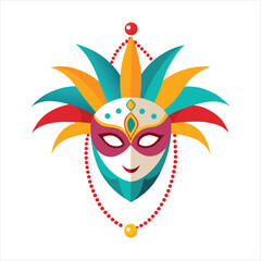 Vibrant and ornate venetian mask adorned with colorful feathers, beads, and intricate patterns, symbolizing mystery and festivity, isolated on a white background