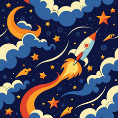 Fototapeta premium Cartoon rocket launching into night sky with clouds and stars seamless pattern design vector illustration,space adventure theme,and colorful graphic art