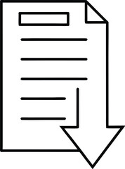 Clean line art icon of a document with a downward arrow isolated on transparent background