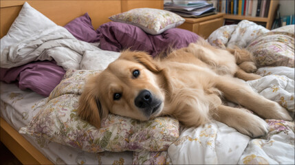 Playful golden retriever lying upside down on a messy bed with pillows everywhere 