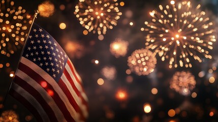 Fireworks Illuminate the Night Sky Over a Waving American Flag During a Summer Celebration
