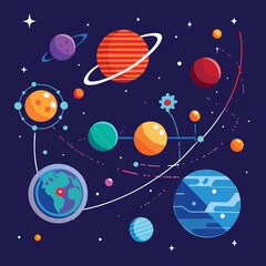 Colorful cartoon planets and stars in deep space vector illustration with scientific connections concept and earth representation in modern style
