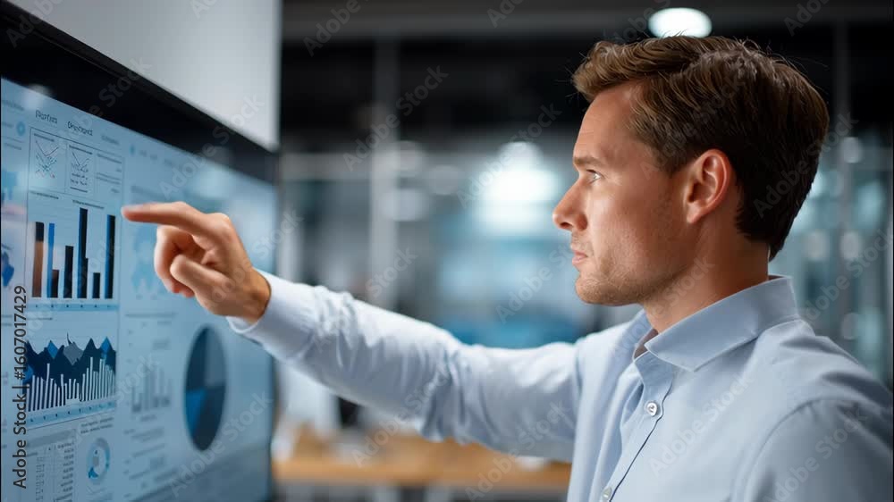 Poster professional man interacting with digital data display in modern office environment