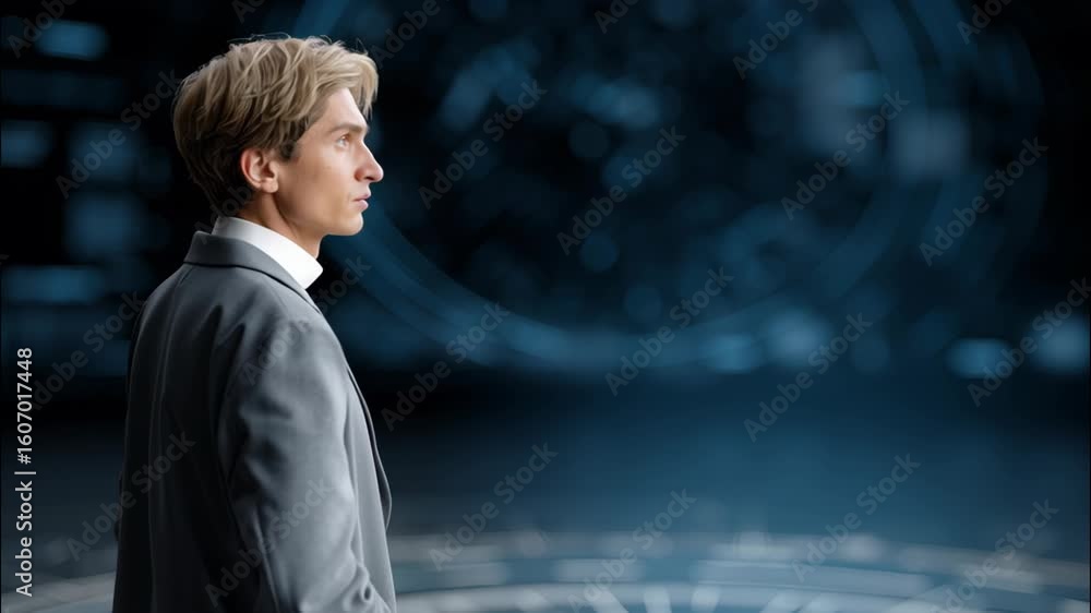Poster man in long coat standing in futuristic environment with digital elements and technology background