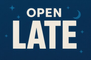 Bold text "OPEN LATE" against a deep blue background adorned with stars and a crescent moon symbolizing nighttime operations or businesses with extended hours.