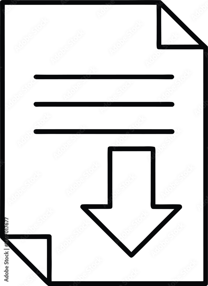 Poster clean line art icon of a document with a downward arrow isolated on transparent background