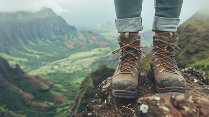 Hiking boots on a rocky cliff overlooking a lush green valley with mountains in the background view point