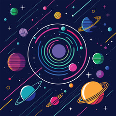 Colorful space illustration featuring planets stars and geometric shapes against a dark blue backdrop vector art