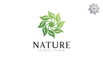Nature logo with circular leaves forming green gradient flowers vector design