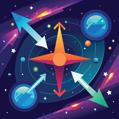 Colorful vector space background with central star and directional arrows representing cosmic movements and planetary positions depicting interstellar navigation