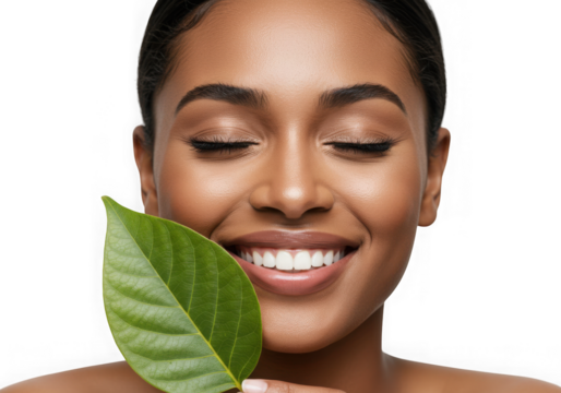 Woman smiling holding a green leaf beauty on transparent background