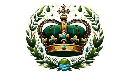 Royal Crown With Green Leaves and Nature Symbols