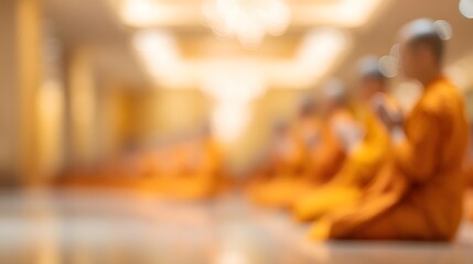 blurred image of a row of monks chanting in a prayer hall with warm lighting, devotional blur