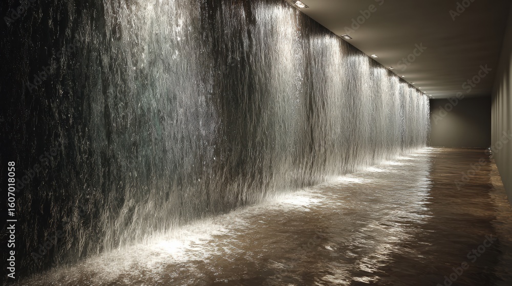Poster a serene indoor water feature with soft lighting, creating a tranquil atmosphere for relaxation and 