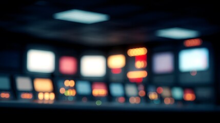 blurred image of a neon-lit retro computer room with large monitors and blinking panels