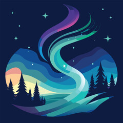 Flat vector illustration of aurora borealis over night mountain landscape with pine forest silhouettes and starry sky creating a sense of wonder