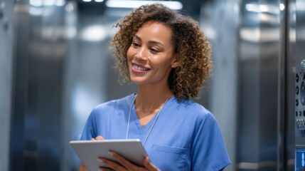 Portrait of smiling African-American female surgeon checking tablet in elevator, bright lighting, modern hospital interior 