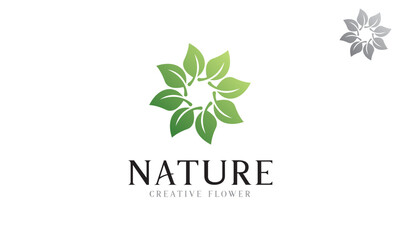 Fototapeta premium Nature logo with circular leaves forming green gradient flowers vector design