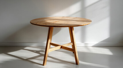 Round wooden table with soft sunlight casting delicate shadows on white wall for product mockup display 