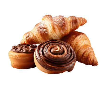 Assorted pastries, golden-brown croissants, and a chocolate-glazed roll, piled high against a black background