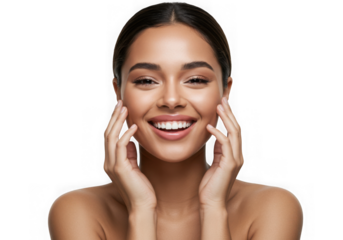 Woman smiling with hands on her face on transparent background