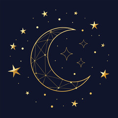 Naklejka premium Golden crescent moon and stars in a night sky geometric and minimalist style celestial vector art for backgrounds and designs