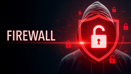 Cybersecurity threat concept with firewall text and unlocked padlock symbol, hooded figure representing hacking and data breach, network security vulnerability and protection risk warning