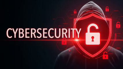 Hacker in a dark hooded sweatshirt with cybersecurity text and red lock symbol, digital security data protection illustration, technology and privacy concept