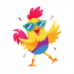 Vibrant cartoon chicken wearing stylish green sunglasses and dancing energetically with its wings spread wide