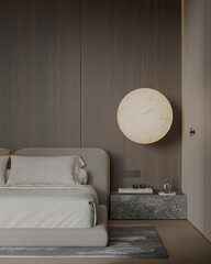 A modern bedroom with natural materials and a spherical light fixture, offering a tranquil and refined aesthetic.
