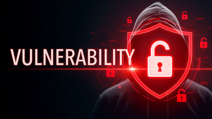 Hacker in a dark hoodie with digital vulnerability lock symbol, cybersecurity risk concept of data protection, internet safety threat in a digital age with encrypted warning, cybersecurity awareness