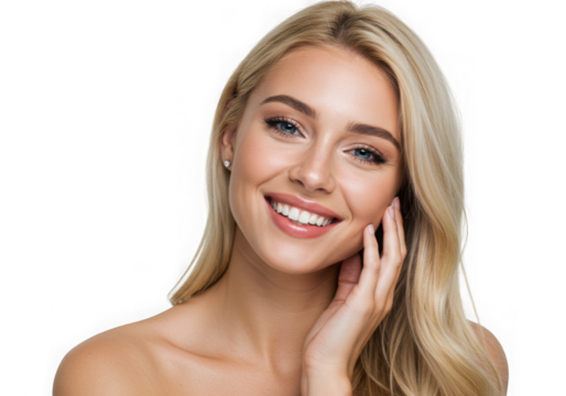 Smiling woman with blonde hair portrait on transparent background