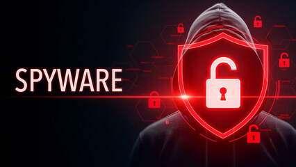Hacker in dark hooded sweatshirt behind highlighted red unlocked padlock and spyware warning text, digital safety threat and cyber security breach, online data protection concept