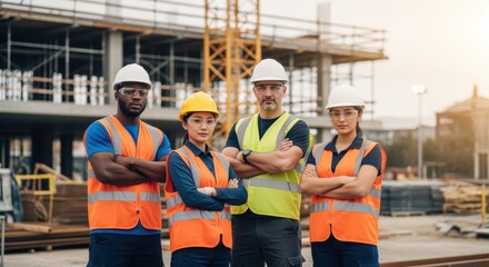 Team of construction operatives with crossed arms emphasizing workplace safety and joint effort.