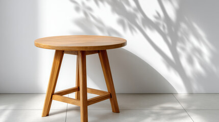 Round wooden table with soft sunlight casting delicate shadows on white wall for product mockup display 