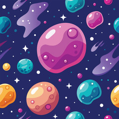 Seamless cartoon space pattern with planets stars meteors on dark blue background science fiction cosmic wallpaper design for kids