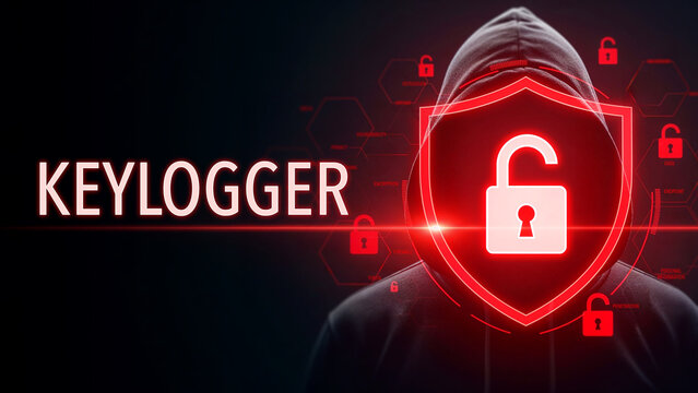 Hacker in hoodie behind digital shield with red lock and keylogger text, cybersecurity threat and data breach, internet security and hacking danger concept