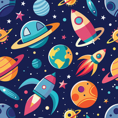 Naklejka premium Seamless pattern of planets rockets and stars in a playful outer space adventure for kids and creative projects