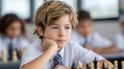 School-aged boy in uniform thoughtfully moving chess piece during classroom tournament, blurred classmates in background 
