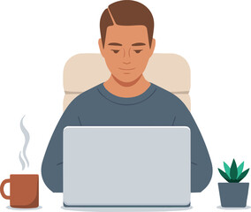 Young man smiling, casually working on a laptop in an office, symbolizing business success and technology