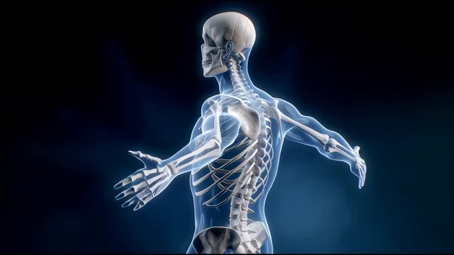 Human skeleton transparent body ribcage spine skull bone structure side view medical illustration blue background scientific anatomical educational healthcare realistic 3D render detailed anatomy